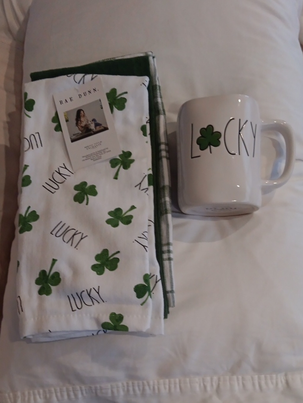 Rae Dunn White Mug and Shamrock 3 Tea Towels Set - White & Green, NWT